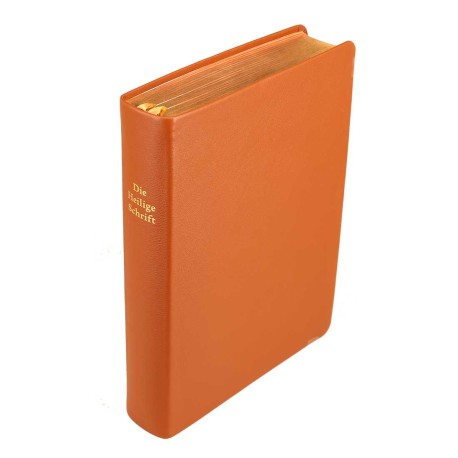 Schreibrandbibel, kleinere Ausgabe, Rindleder, hellbraun, Rotgoldschnitt
