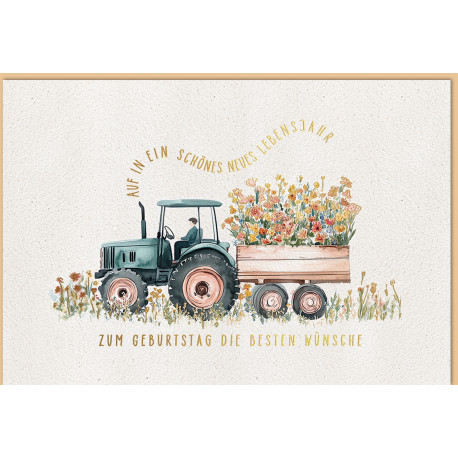 Faltkarte zum Geburtstag - Traktor mit Anhänger