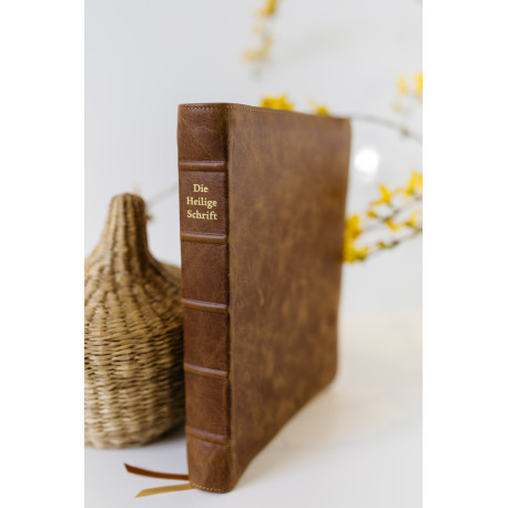 Schreibrandbibel, kleinere Ausgabe, Leder, Toffee, Goldschnitt